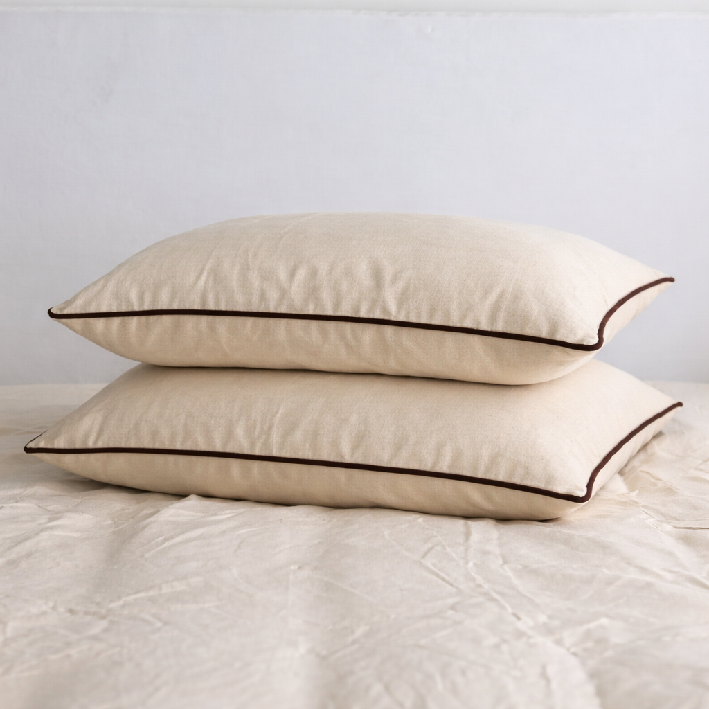 French Linen Pillowcase Pair in French Vanilla w Chocolate Piping