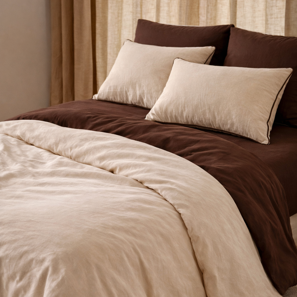 French Linen Pillowcase Pair in French Vanilla w Chocolate Piping