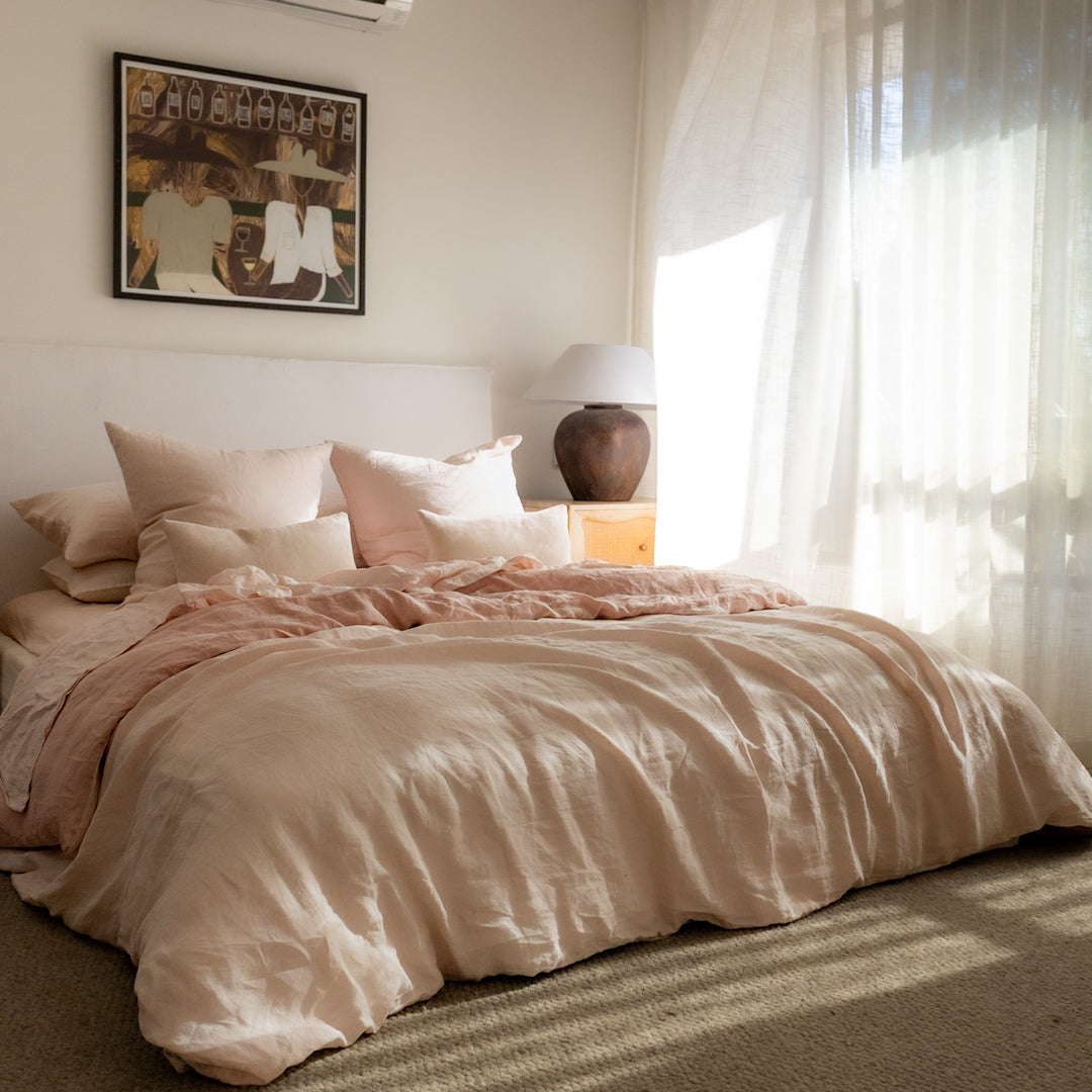 French Linen Reversible Duvet Cover Marshmallow/Dusty Rose