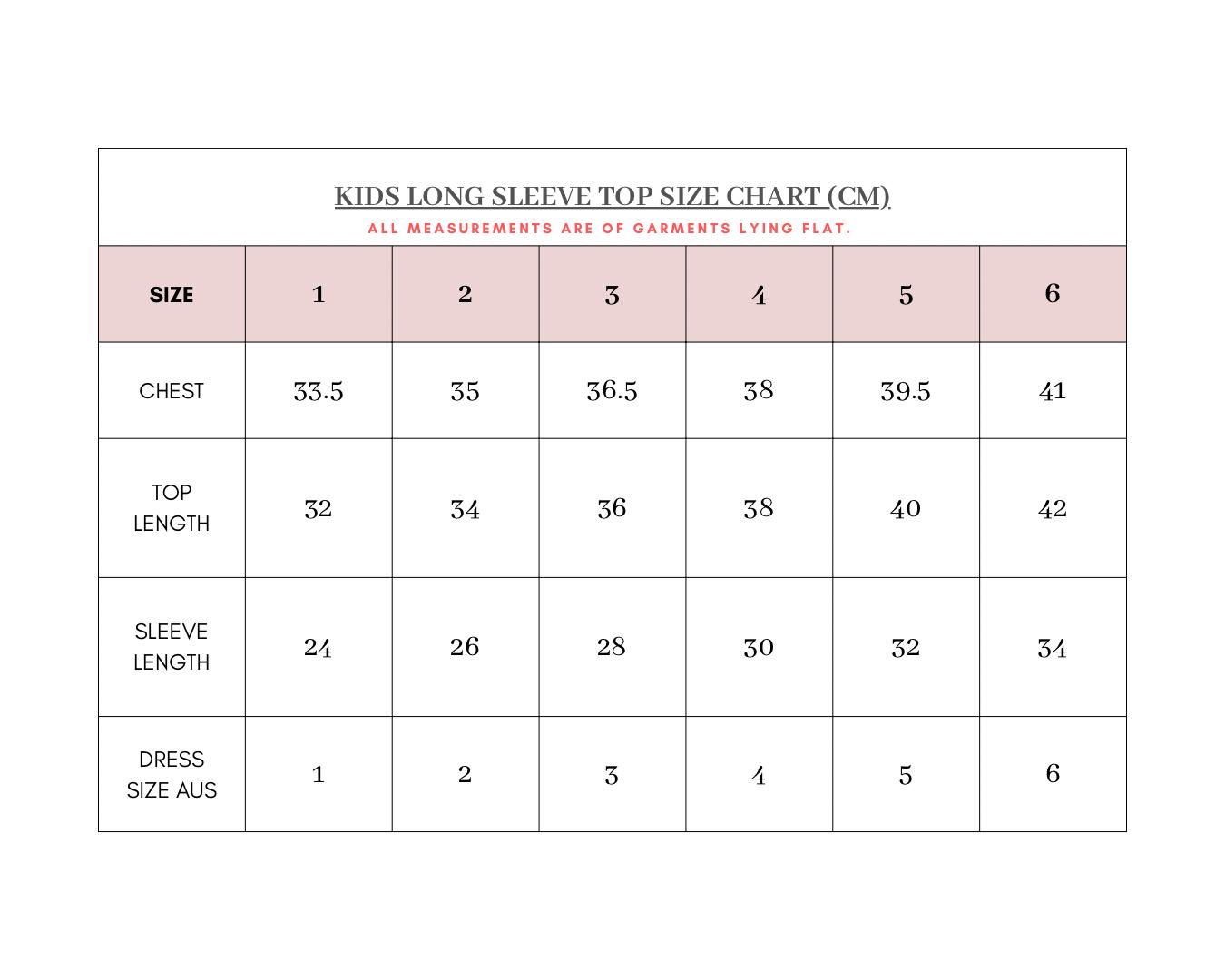 Size Guide for Rosé Pyjamas - Kids Long Sleeve Top