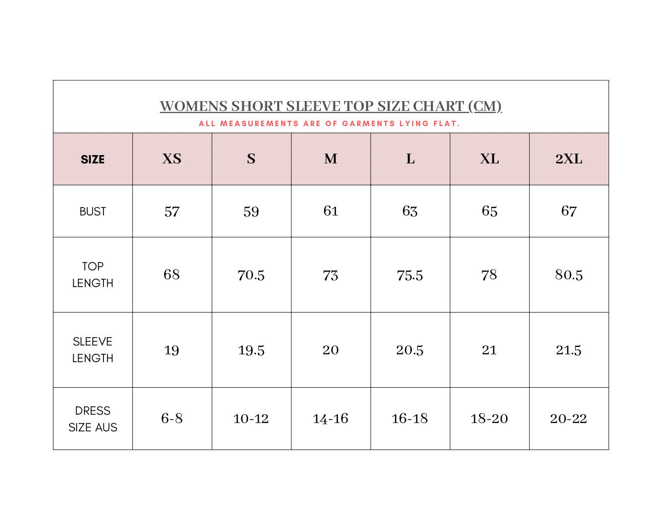 Size Guide for Rosé Pyjamas - Women’s Short Sleeve Top