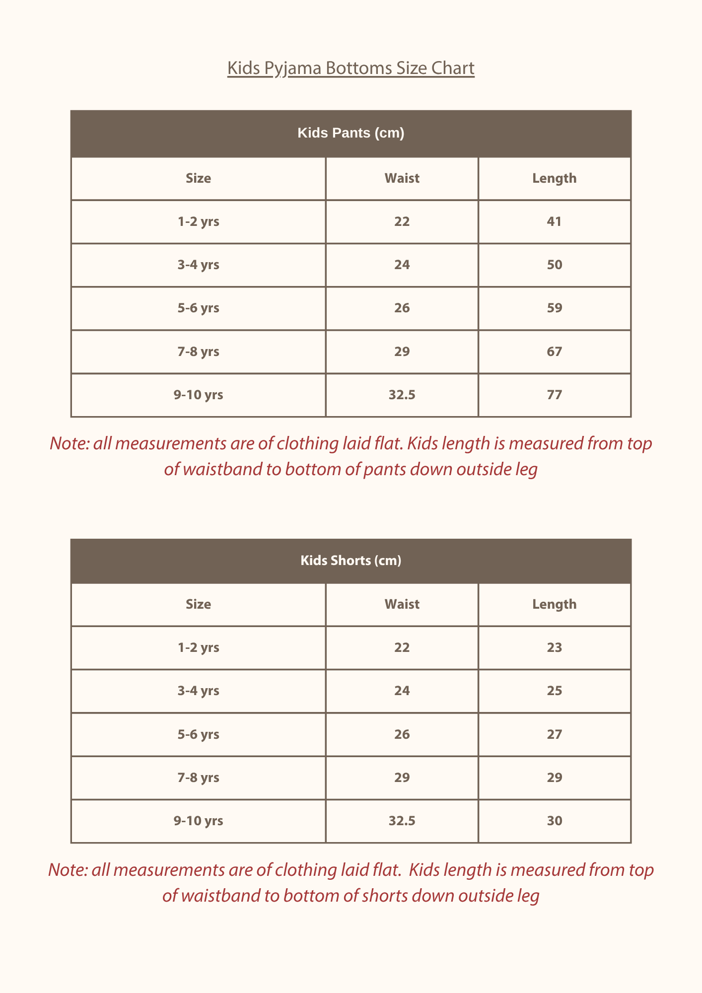 Size Guide for Breakfast Club Pyjamas - Kids Pants