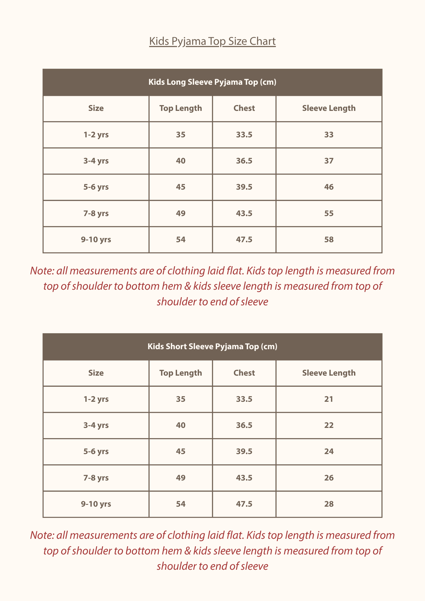 Size Guide for Breakfast Club Pyjamas - Kids Chocolate Long Sleeve Top